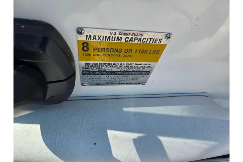 Slide: The Image of 1994 Sea Ray 180 Bow Rider capacity label, maximum 8 persons or 1100 lbs. - 15