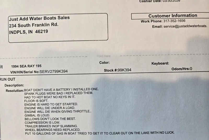 Slide: The Image of 1994 Sea Ray 180 Bow Rider service report detailing repairs and issues. - 26
