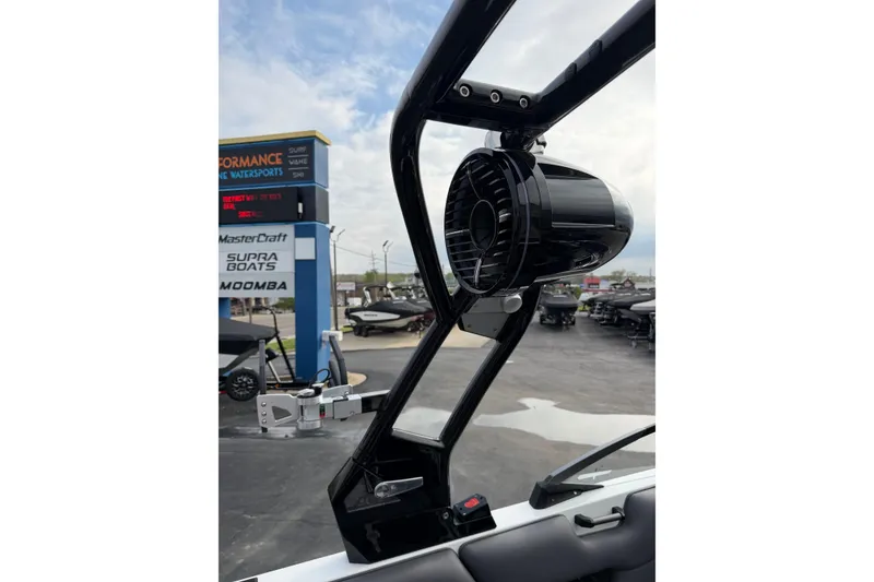 Slide: The Image of 2026 Moomba Tykon boat speaker and tower detail at a watersports dealership. - 22