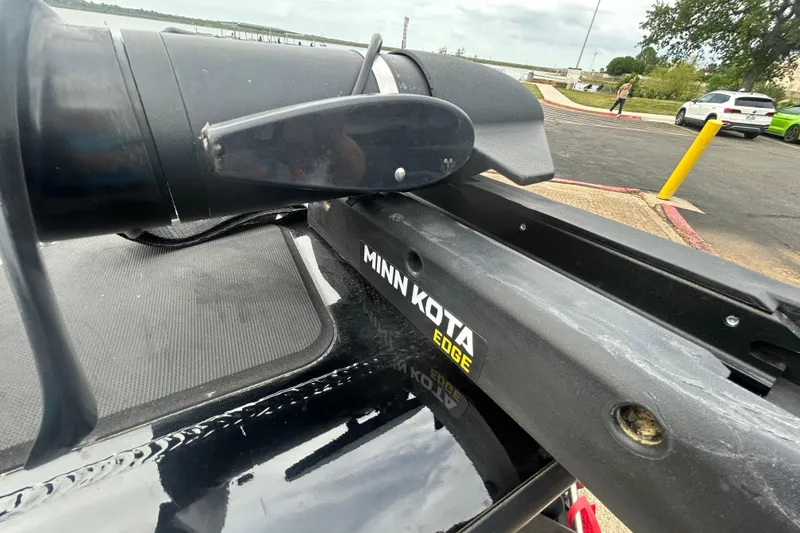 Slide: The Image of Minn Kota Edge motor on 2020 Tracker Pro Team 190 TX boat, dockside view. - 54