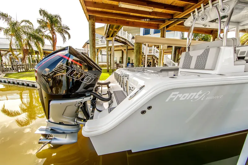 Slide: The Image of 2023 Front Runner 33 Center Console boat at dock. - 22