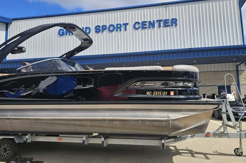 Slide: The Image of 2024 Avalon Excalibur Quad Lounge boat on trailer at Grand Sport Center. - 13