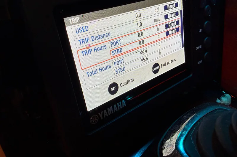 Slide: The Image of Yamaha display showing trip data on a 2021 Chris-Craft Launch 31 GT boat. - 23