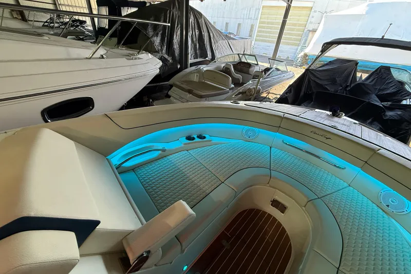 Slide: The Image of 2021 Chris-Craft Launch 31 GT boat interior with blue LED lighting in storage. - 35