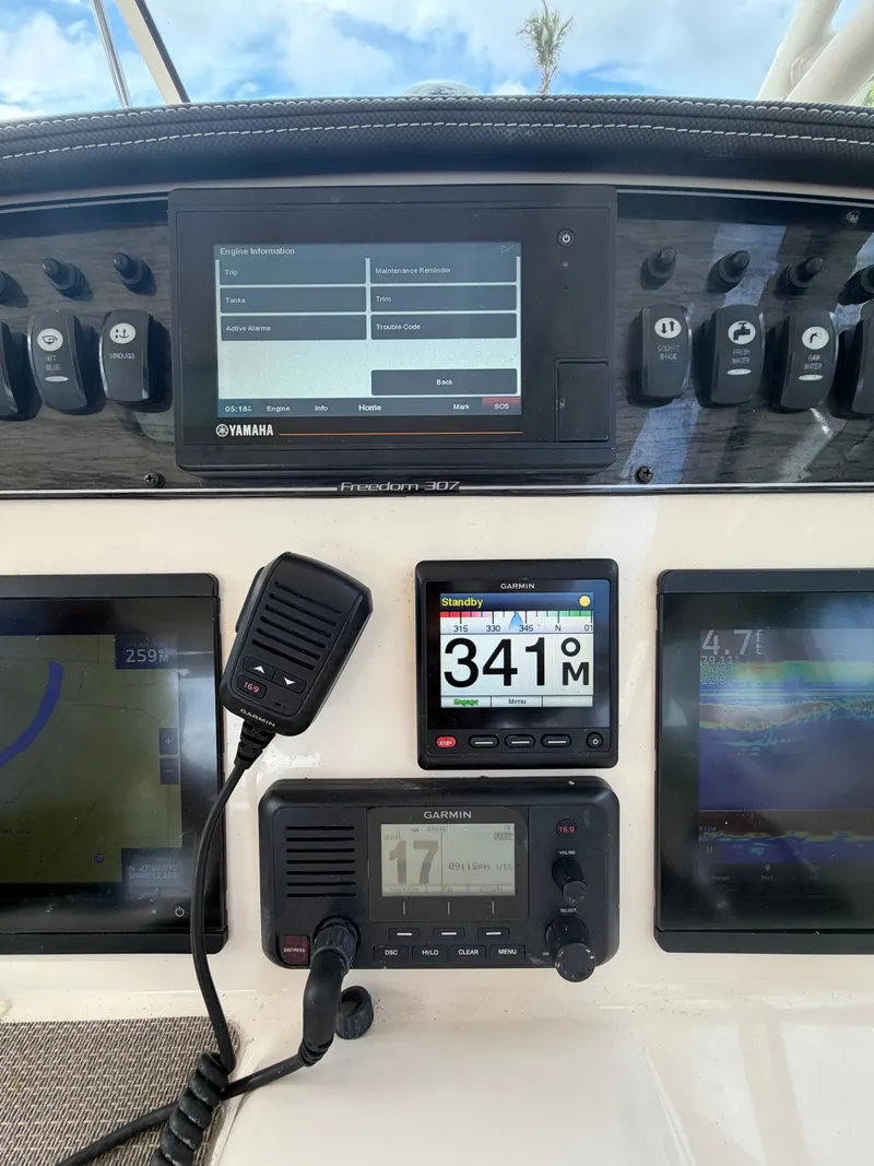 Slide: The Image of 2019 Grady-White Freedom 307 boat at dock, interior view. - 10