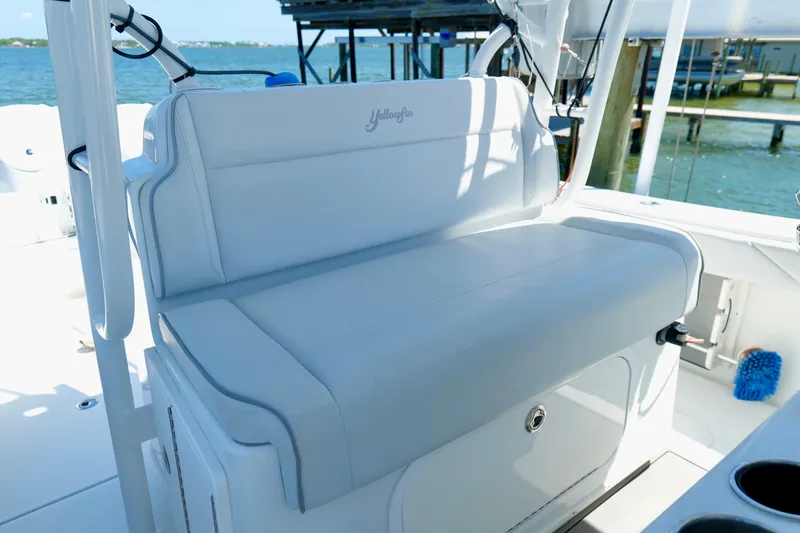 Slide: The Image of 2018 Yellowfin 36 Offshore boat seat with ocean view in background. - 20