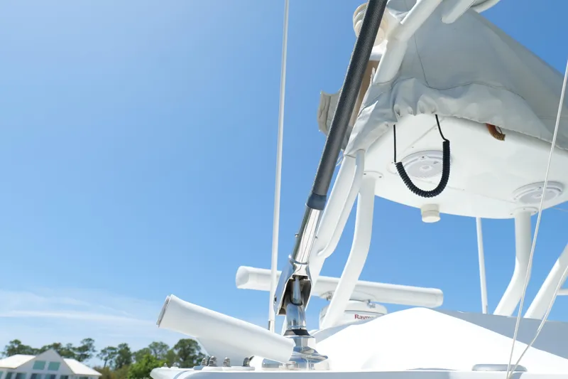 Slide: The Image of 2018 Yellowfin 36 Offshore boat detail against clear blue sky. - 34