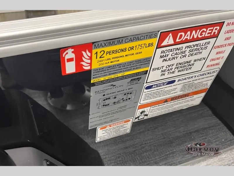 Slide: The Image of Safety and capacity labels on a 2026 S Series SSRSF boat. - 16