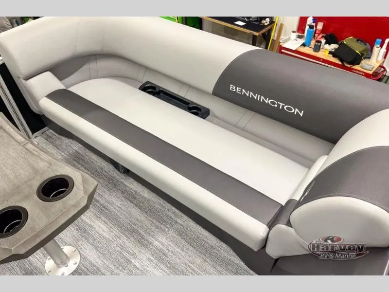 Slide: The Image of Bennington boat seating, S Series SSRSF 2026, gray and white design. - 21