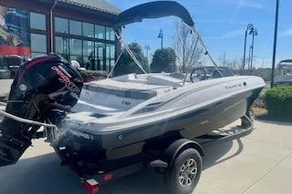 Slide: The Image of 2026 Tahoe T18 boat on trailer, parked outdoors under clear sky. - 4