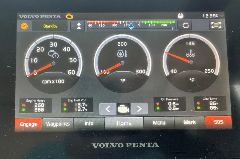 Slide: The Image of Volvo Penta engine display showing RPM, temperature, and oil pressure gauges on Evolve 360HT, 2020. - 12