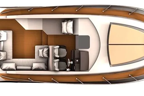 Slide: The Image of Top view of 2020 Evolve 360HT yacht interior layout with seating and helm. - 25