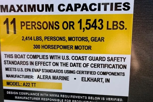 Slide: The Image of Alera A22Q 2026 boat capacity label: 11 persons, 1,543 lbs, 300 horsepower motor. - 24