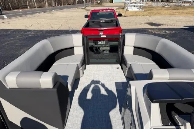 Slide: The Image of Interior of 2026 Alera A22Q pontoon boat with spacious seating and modern design. - 25