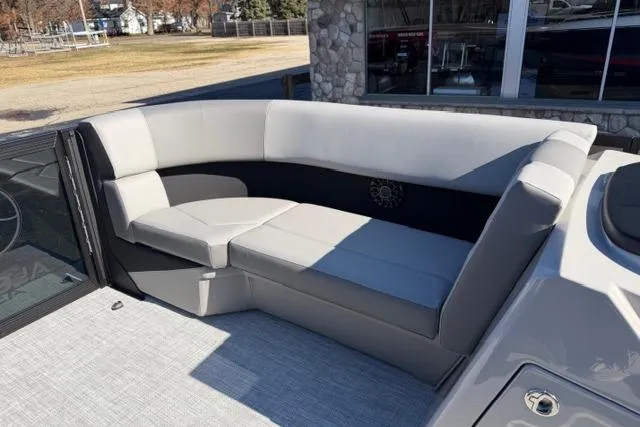 Slide: The Image of Luxurious seating on 2026 Alera A22Q boat, featuring sleek gray upholstery and modern design. - 27