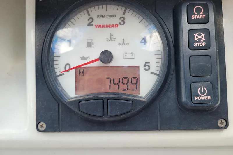 Slide: The Image of Yanmar engine control panel on 2017 Jeanneau Sun Odyssey 44 DS, showing 749.9 hours. - 47