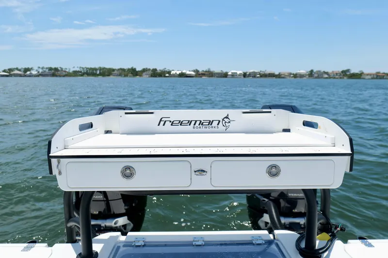 Slide: The Image of Freeman 34VH boat stern view on water, showcasing dual engines, 2023 model. - 16