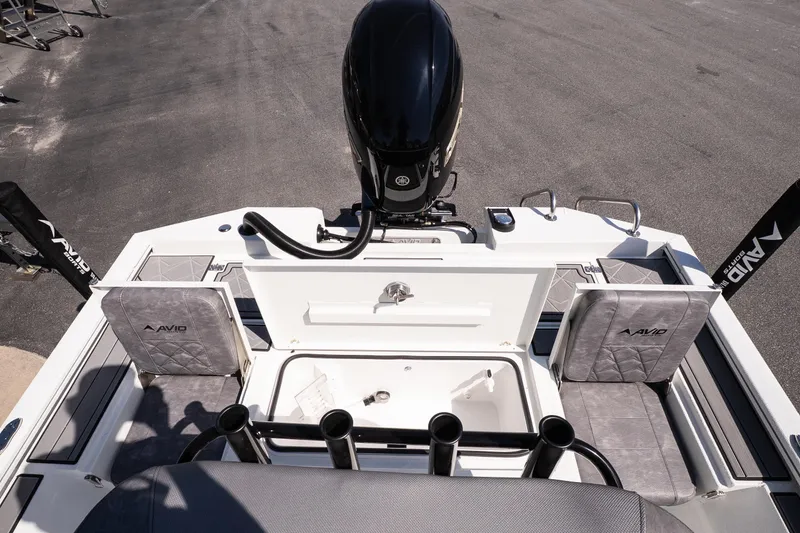 Slide: The Image of 2026 Avid 21 Mag boat interior with seating and motor, showcasing modern design. - 14