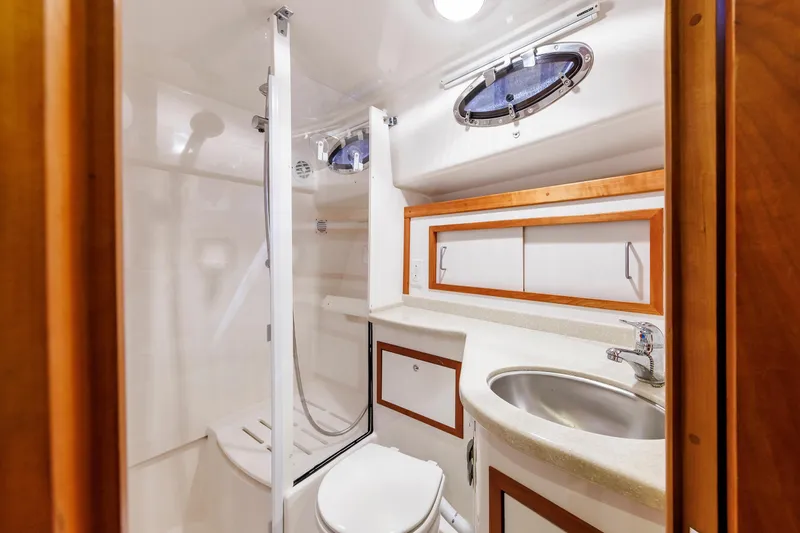 Slide: The Image of Luxurious bathroom in 2011 Back Cove 37 yacht with shower and sink. - 20