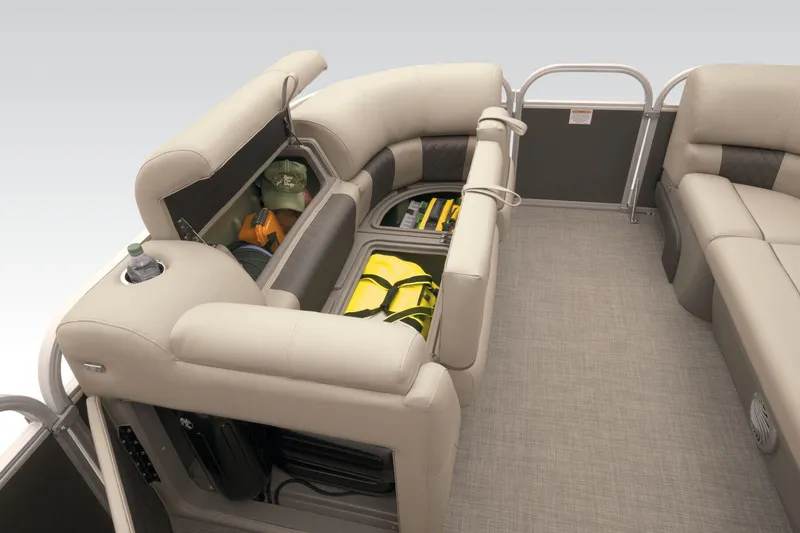 Slide: The Image of Interior of 2023 Sun Tracker Party Barge 20 DLX with storage compartments. - 23