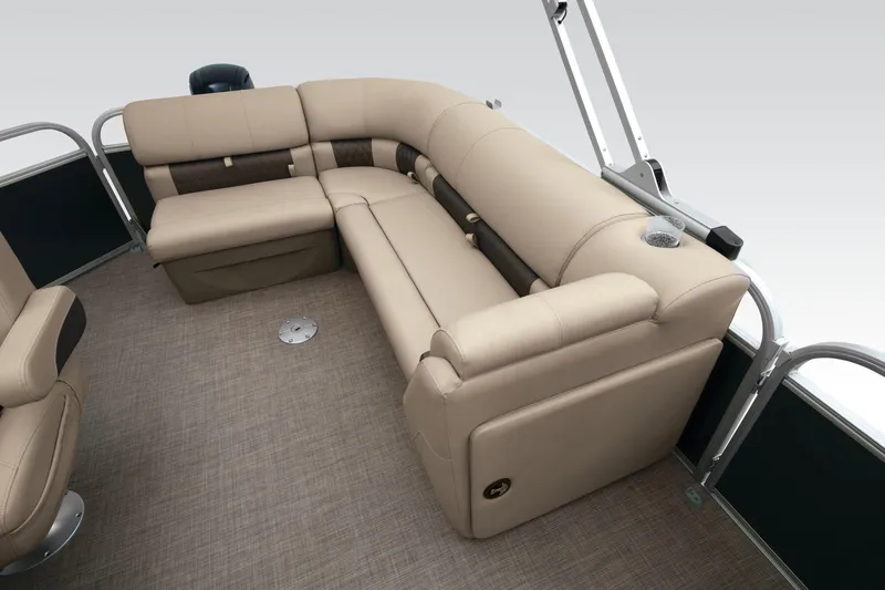 Slide: The Image of Interior of 2023 Sun Tracker Party Barge 20 DLX with beige seating. - 26