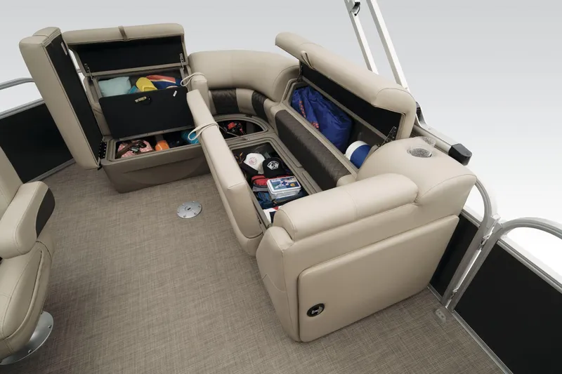 Slide: The Image of Interior of 2023 Sun Tracker Party Barge 20 DLX with storage compartments. - 28