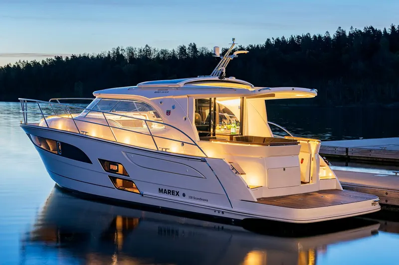 Slide: The Image of Manufacturer Provided Image: Marex 330 Scandinavia 2026 yacht docked at sunset. - 3