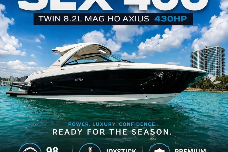 The Image of 2023 Sea Ray SLX 400 boat on water, featuring twin 8.2L MAG HO Axius engines. - 0