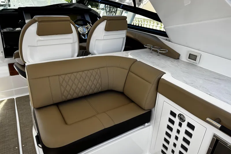 Slide: The Image of Luxurious interior of 2023 Sea Ray SLX 400 boat with elegant seating and modern design. - 31