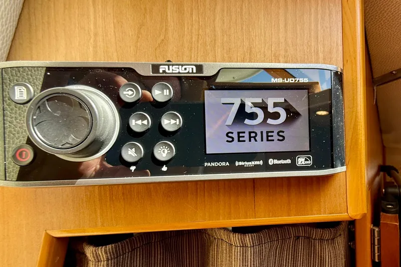 Slide: The Image of Fusion MS-UD755 stereo system on 2015 Cutwater C-30 CB boat, featuring Bluetooth and SiriusXM. - 31