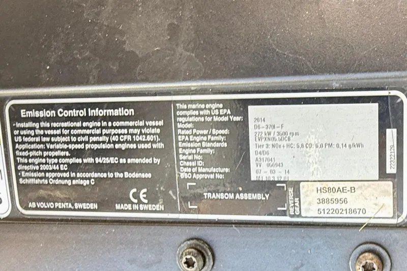 Slide: The Image of Emission control information label on a 2015 Cutwater C-30 CB boat engine. - 70