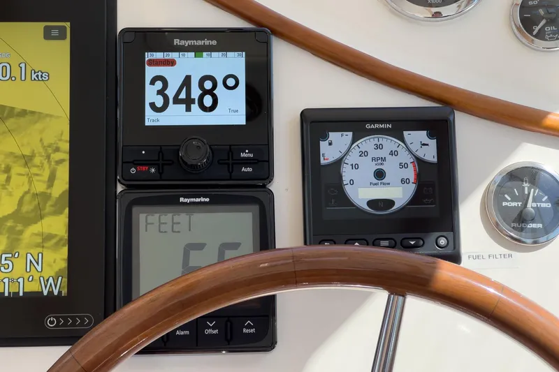 Slide: The Image of Boat dashboard with Raymarine and Garmin displays, showing navigation and fuel data. True North 38, 2007. - 37