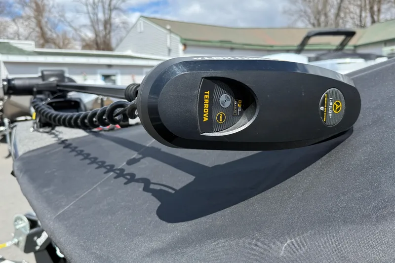 Slide: The Image of Close-up of a Terrova trolling motor on a 2021 Lund 1650 Rebel XL Sport boat. - 15
