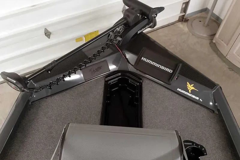 Slide: The Image of 2021 Ranger RT178 boat with Humminbird electronics and MotorGuide trolling motor in a garage. - 20