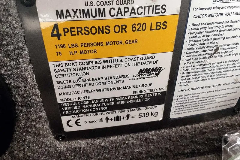 Slide: The Image of 2021 Ranger RT178 capacity label, U.S. Coast Guard compliance, 4 persons or 620 lbs, 75 HP motor. - 25