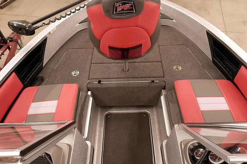 Slide: The Image of 2024 Ranger 1850MS Reata boat interior with red and gray seating. - 13