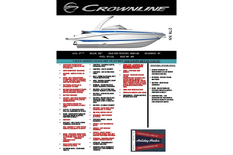 Slide: The Image of 2027 Crownline 278 SS boat features and specifications sheet with value-added options. - 10