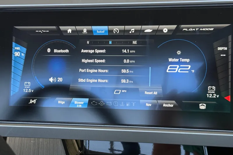 Slide: The Image of Dashboard of 2024 Yamaha Boats 222XE showing speed, engine hours, and water temperature. - 8
