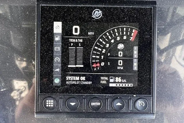 Slide: The Image of Digital dashboard display of a 2020 Blackfin 332 CC boat showing speed, RPM, and fuel level. - 13