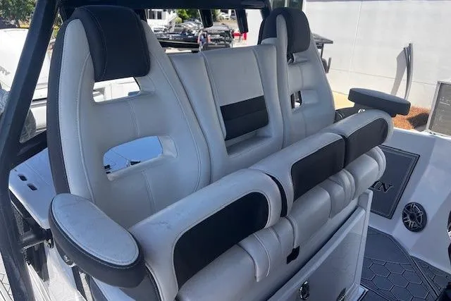 Slide: The Image of 2020 Blackfin 332 CC boat interior with plush seating and modern design. - 25