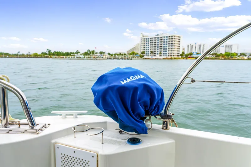 Slide: The Image of Beneteau Swift Trawler 30, 2018 model, with Magma grill cover, coastal cityscape background. - 54