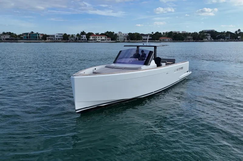 Slide: The Image of Aerial view of 2019 Fjord 40' Open yacht on turquoise water. - 21