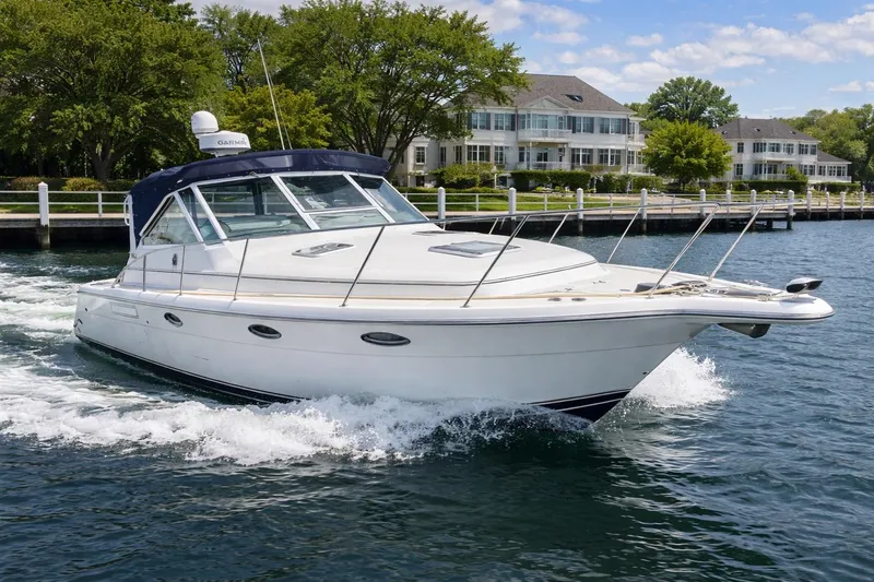 Slide: The Image of 1997 Tiara 3100 Open Express yacht cruising on a scenic waterfront. - 4