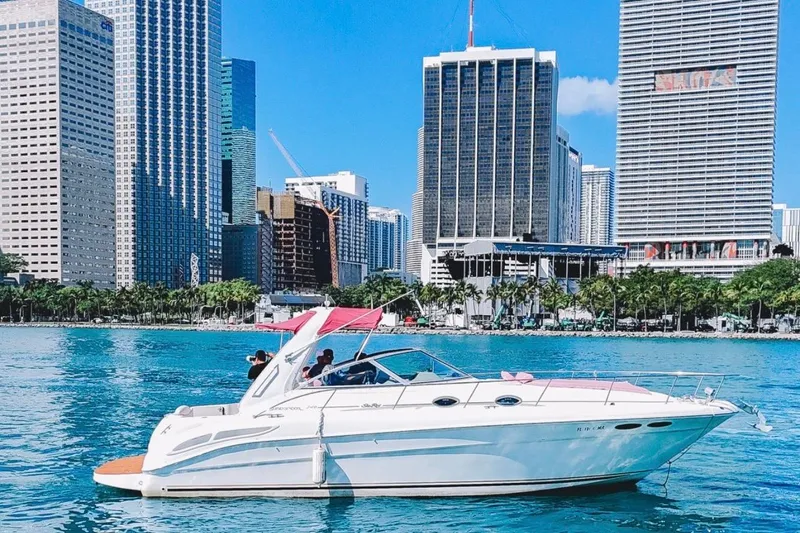 The Image of 2001 Sea Ray 360 Express Cruiser on water with city skyline backdrop. - 0
