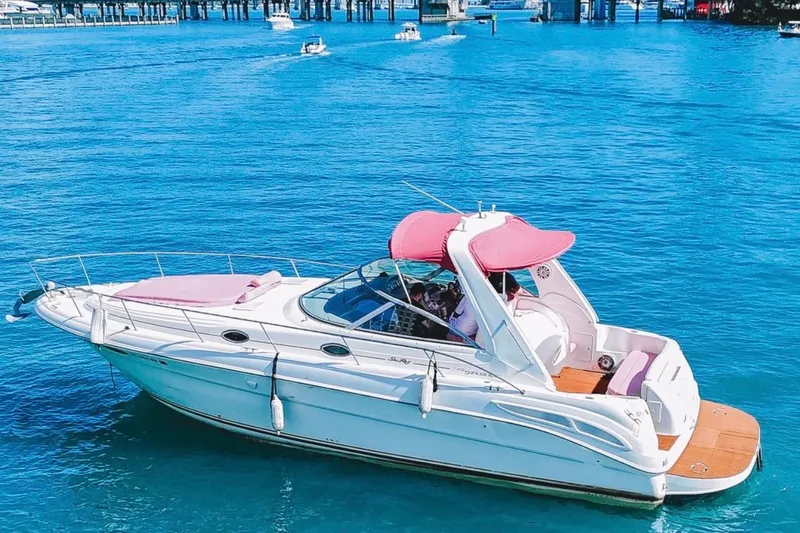 Slide: The Image of 2001 Sea Ray 360 Express Cruiser with pink accents on blue water. - 4