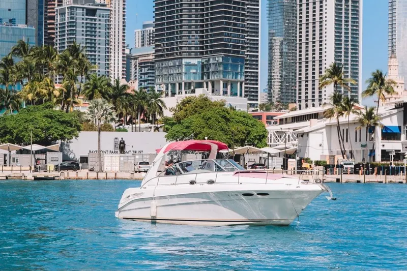 Slide: The Image of 2001 Sea Ray 360 Express Cruiser on vibrant city waterfront with skyscrapers and palm trees. - 9