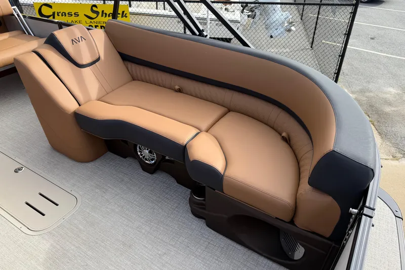 Slide: The Image of Luxurious seating on 2026 Avalon Catalina Entertainer Funship, featuring tan and black upholstery. - 11