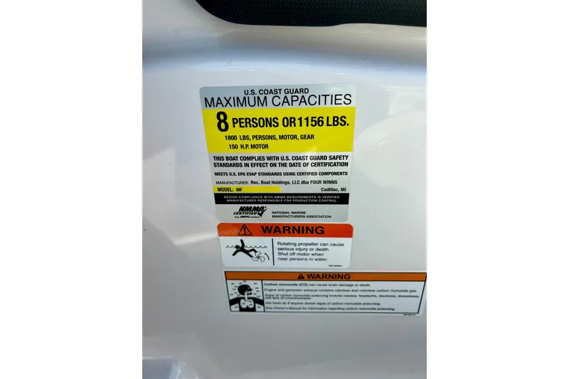 Slide: The Image of 2017 Four Winns 180 Horizon capacity label: 8 persons or 1156 lbs, 150 HP motor. - 27