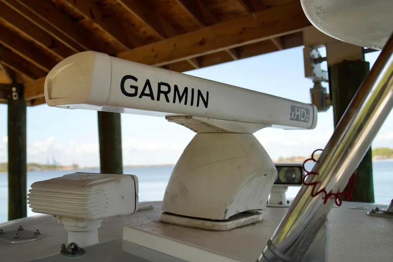 Slide: The Image of Garmin xHD2 radar on 2019 Invincible 36 Open Fisherman boat under wooden canopy. - 56