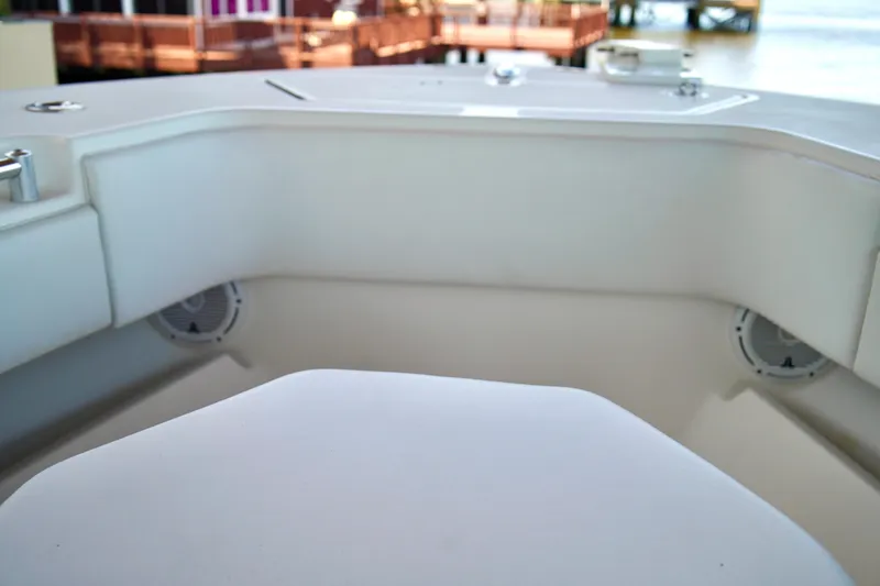 Slide: The Image of Interior view of 2019 Invincible 36 Open Fisherman boat, showcasing seating and speakers. - 7
